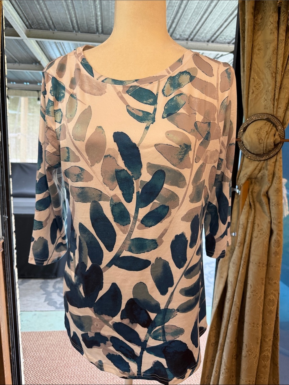 White Top with Blue Leaf Print